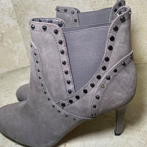 Gray Suede Studded High Heel Ankle Boots With Elastic‎ Gore Detail - Picture 6 of 10